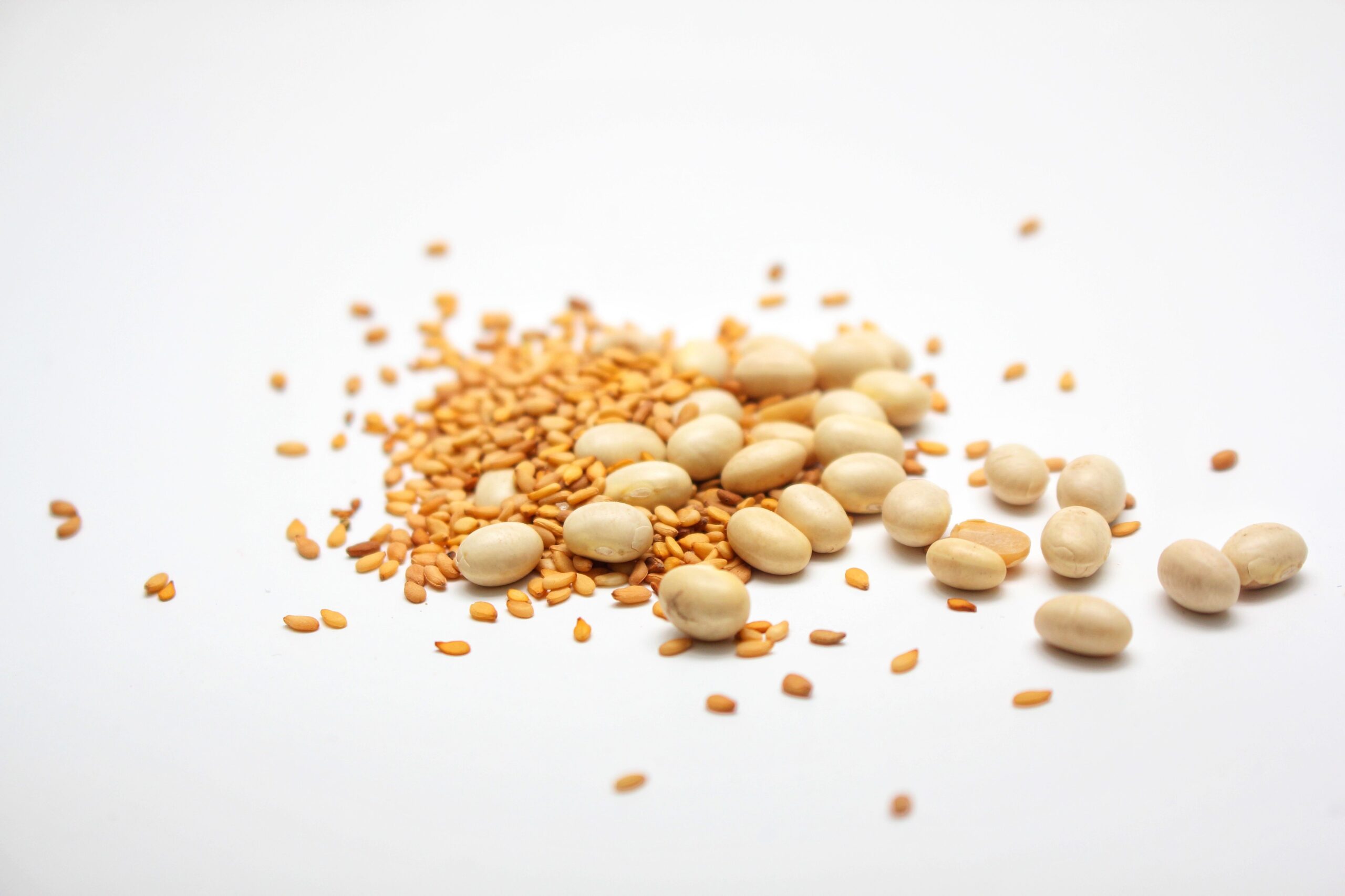 A detailed view of mixed nuts and seeds set against a white background, highlighting their textures.